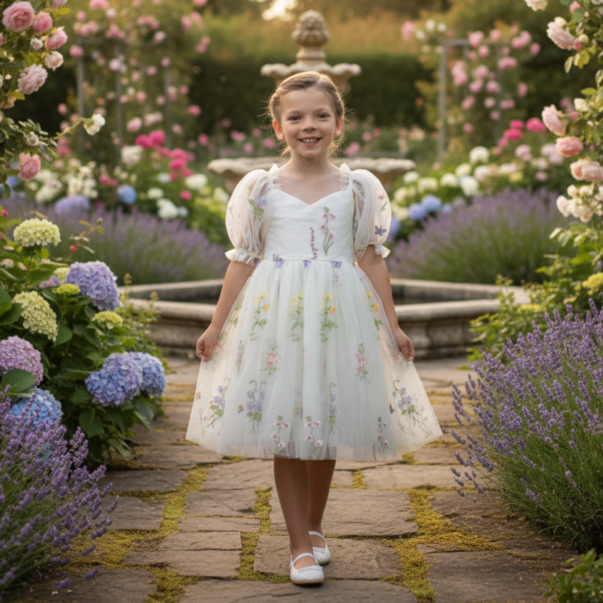 Fairy First birthday baby girls romper dress in ivory floral with wings.