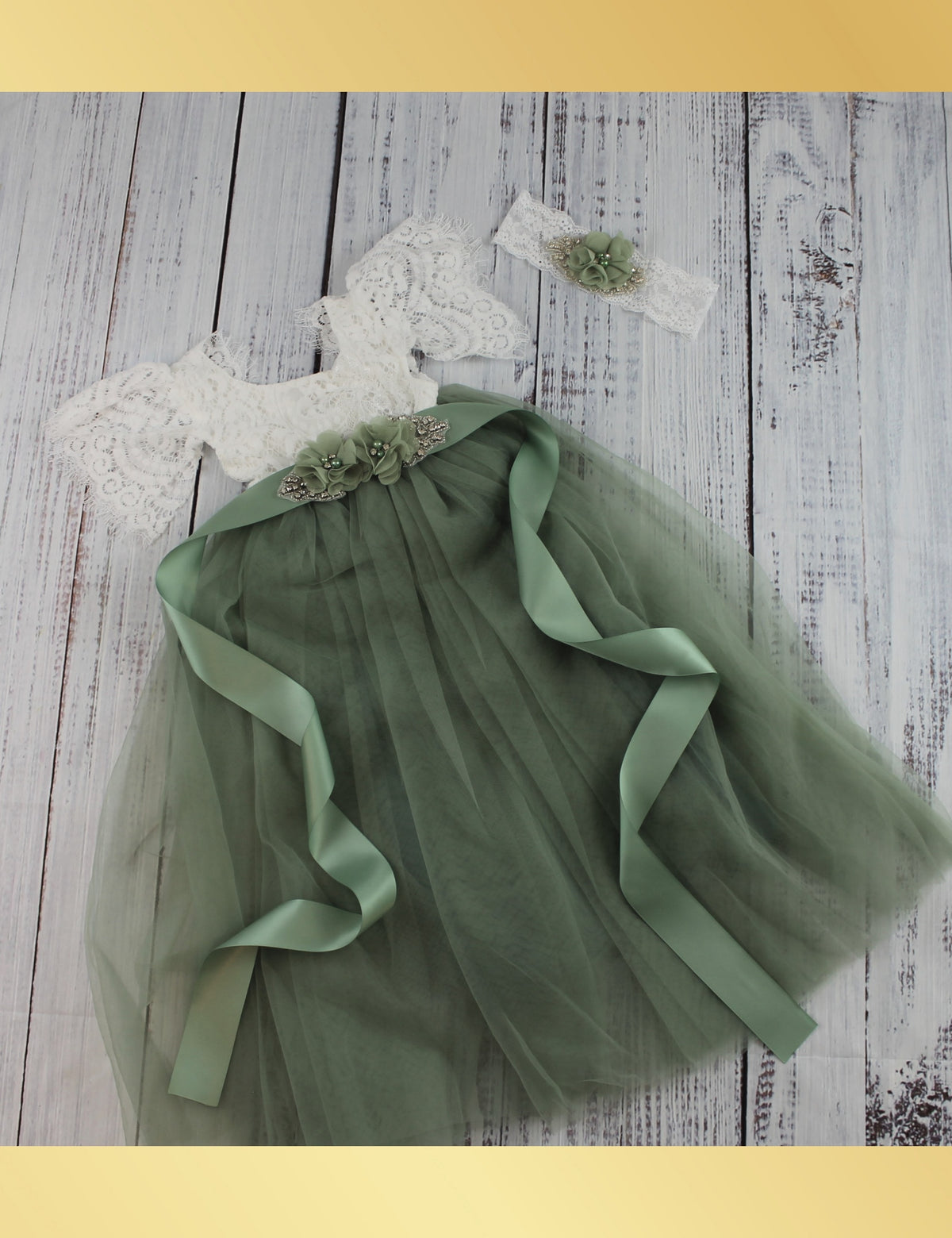 Sage flower girl dress in short sleeve white lace with full length tulle
