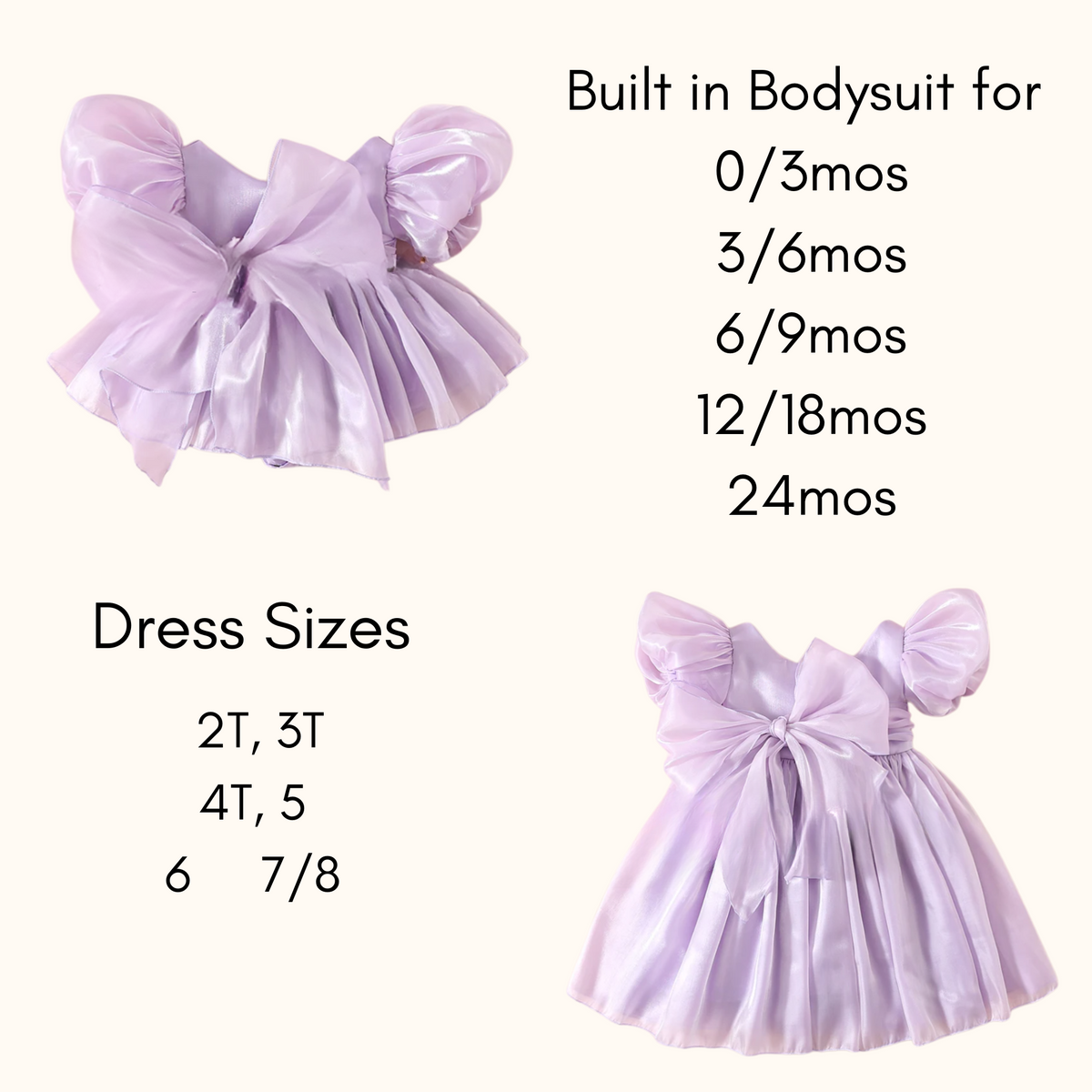 Purple dress with a built-in bodysuit and size chart on a white background