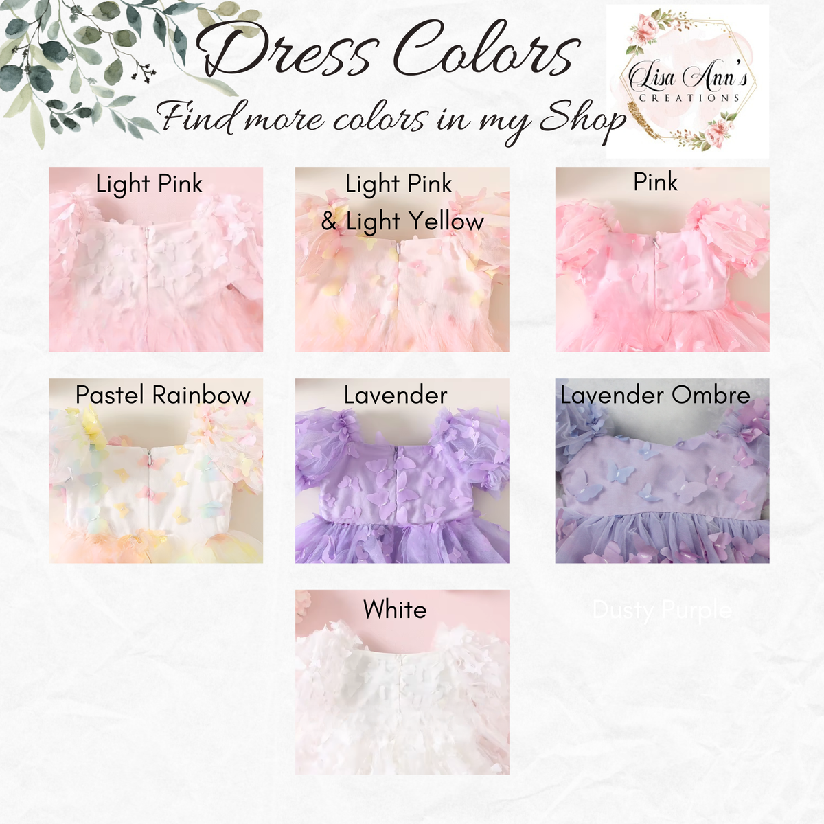 Color swatches of dresses with text indicating dress colors and a brand logo.