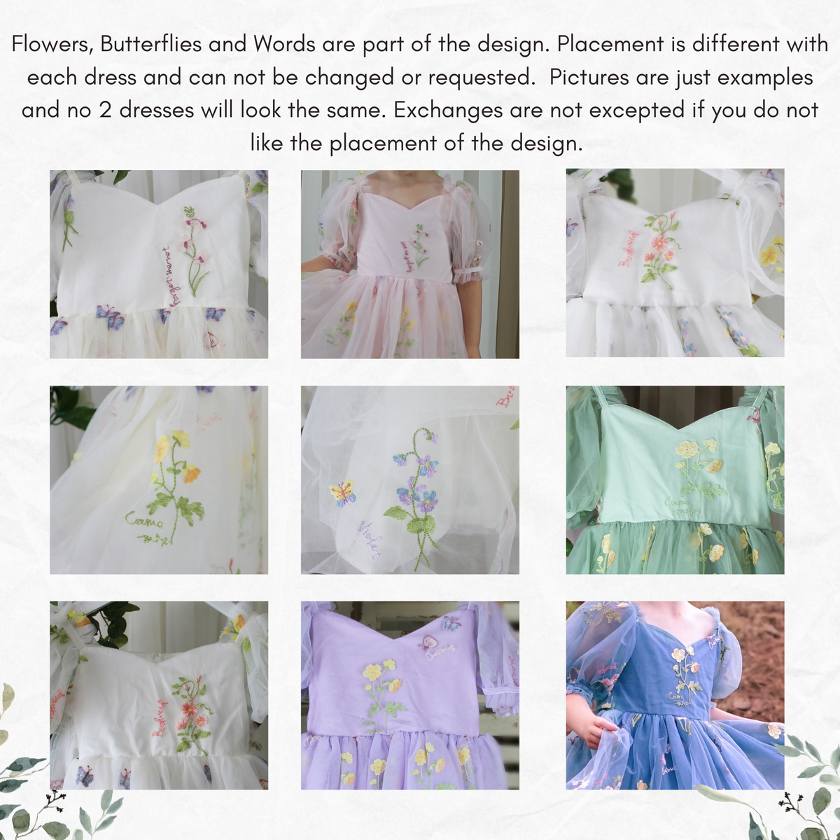 floral dress showing placement of flowers on dress. 