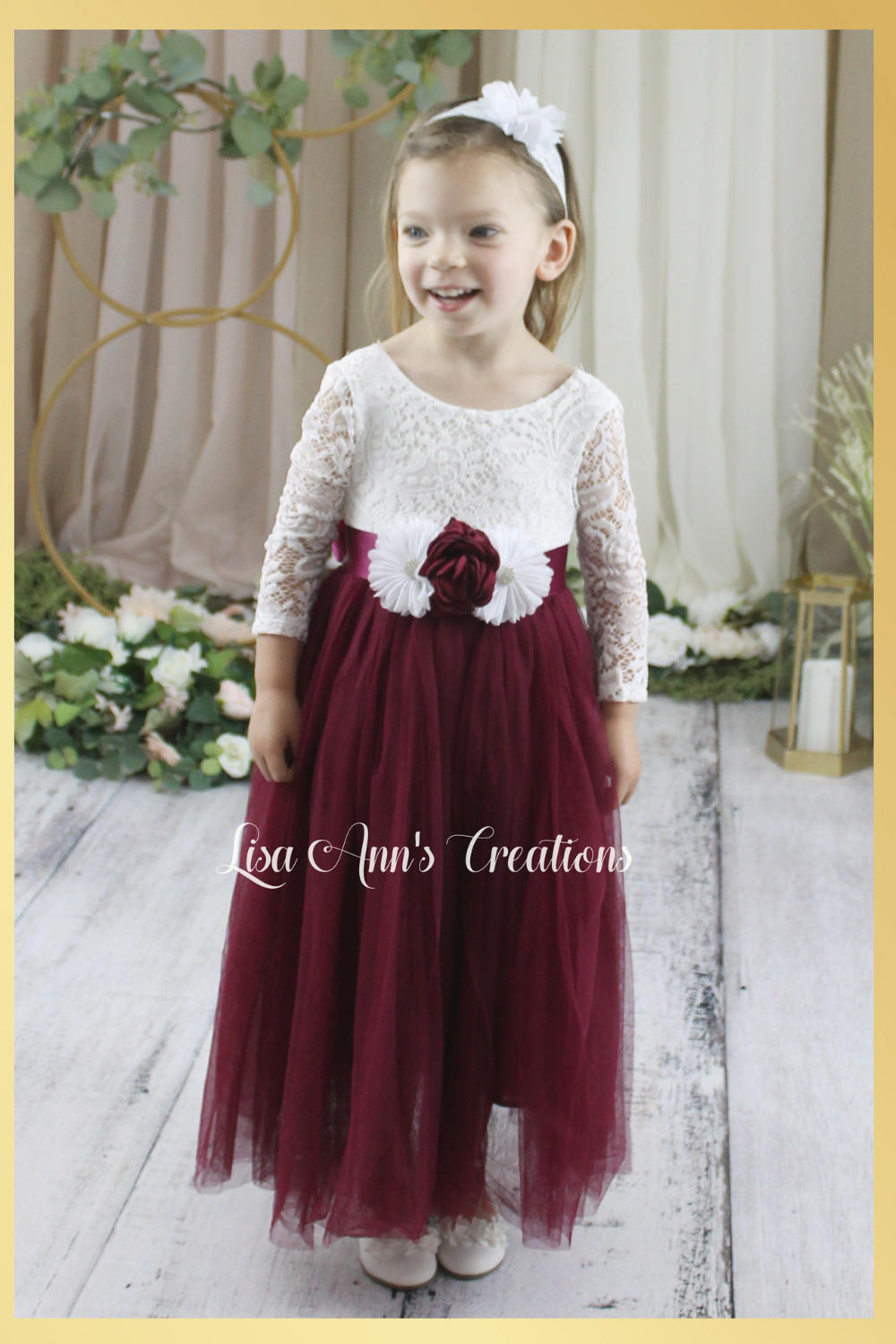 Burgundy Long Sleeve Flower Girl Dress with Flower Sash - Tulip