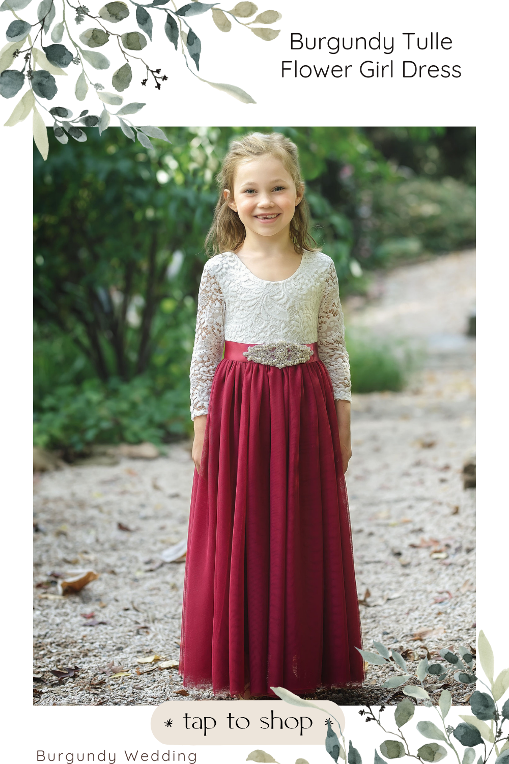 Burgundy Long Sleeve Flower Girl Dress with Flower Sash - Tulip