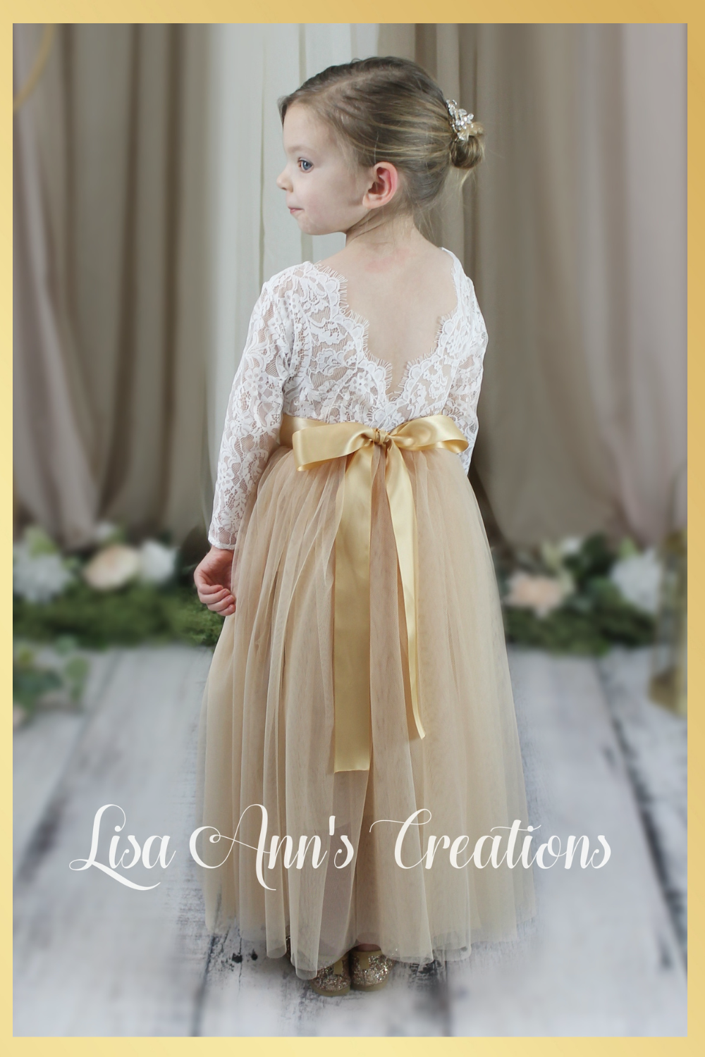 Flower girl dress in champagne tulle and white lace