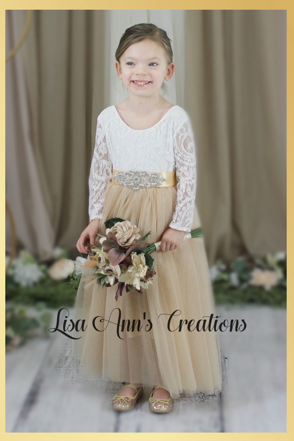 Long Sleeve champagne flower girl dress