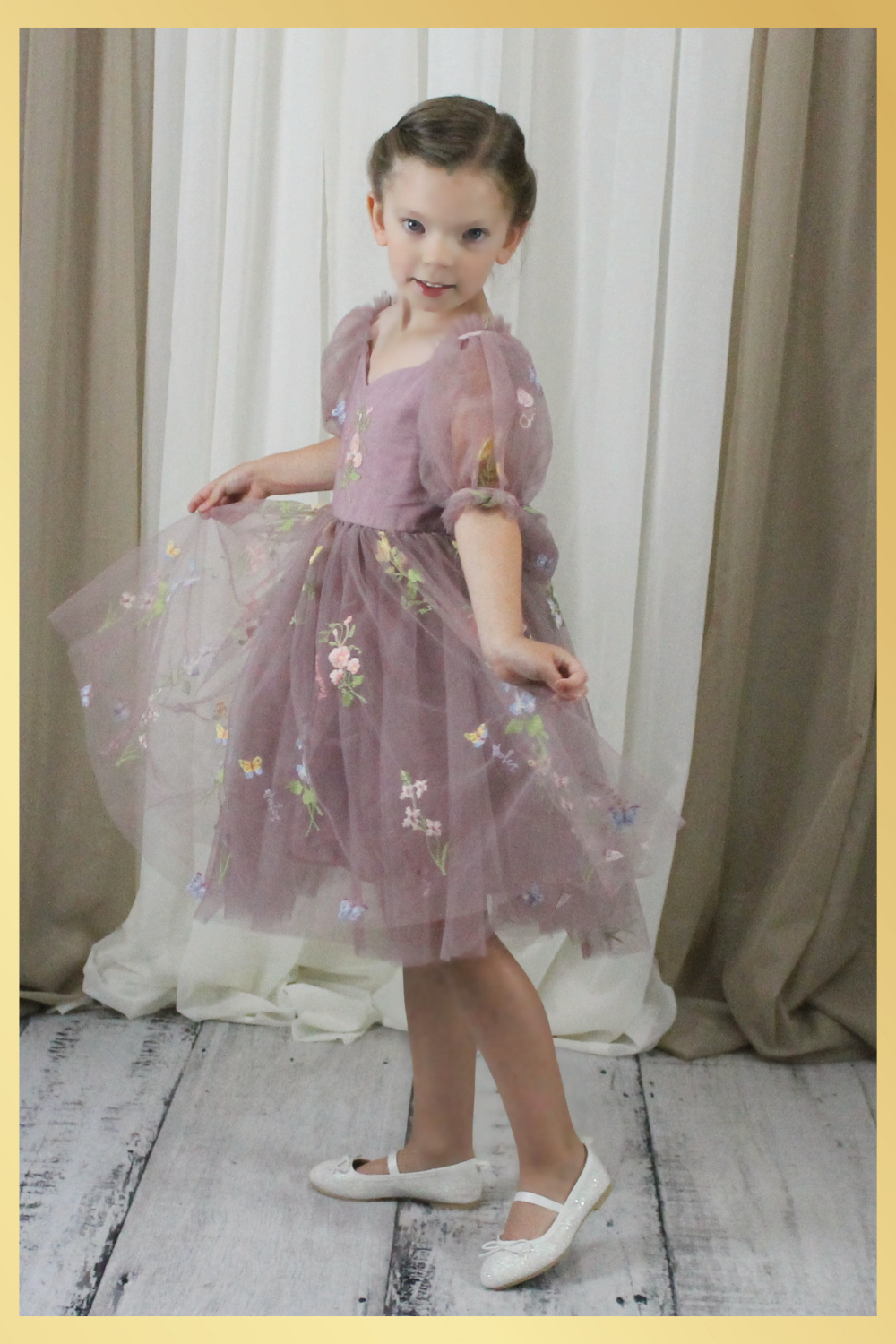 Flower girl dress in dusty purple floral tulle