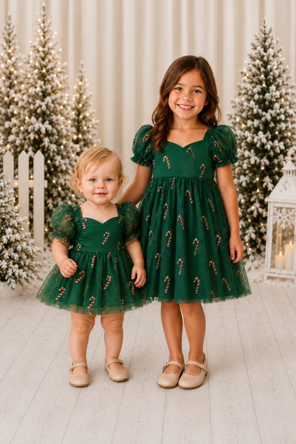 Matching sisters Christmas dress for girls featuring green tulle, red and gold candy cane details, sweetheart neckline and short puff sleeves.