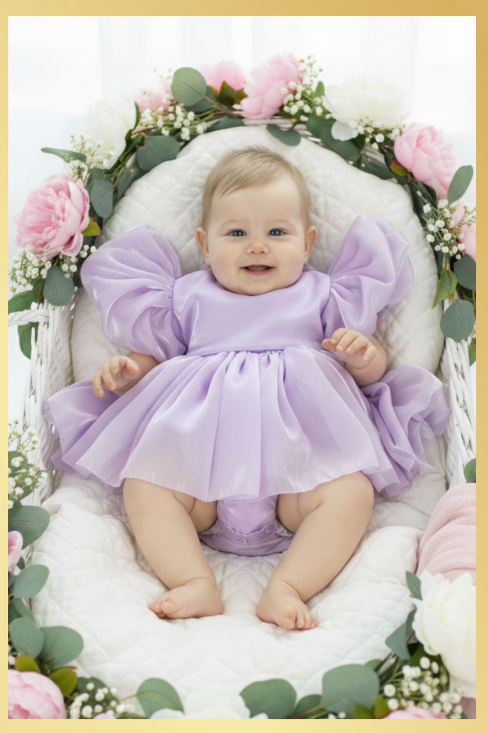 Baby girl dress in lavender with puffy short sleeves and built in romper style in Organza material