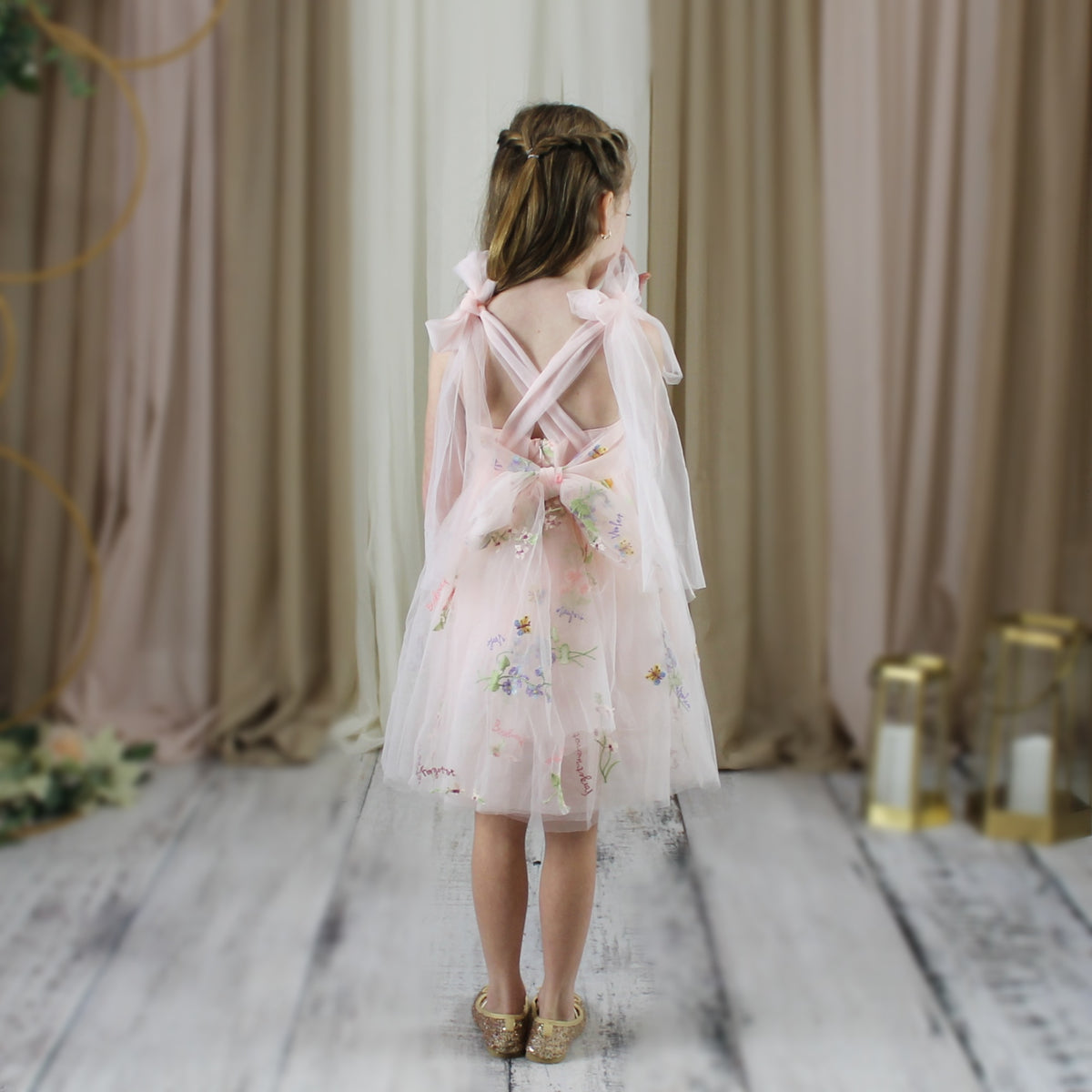 Pink Flower Girl Dress with embroidery flowers in tulle