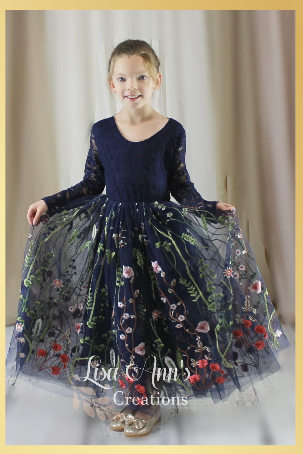 Flower girl dress for fall wedding in navy floral 