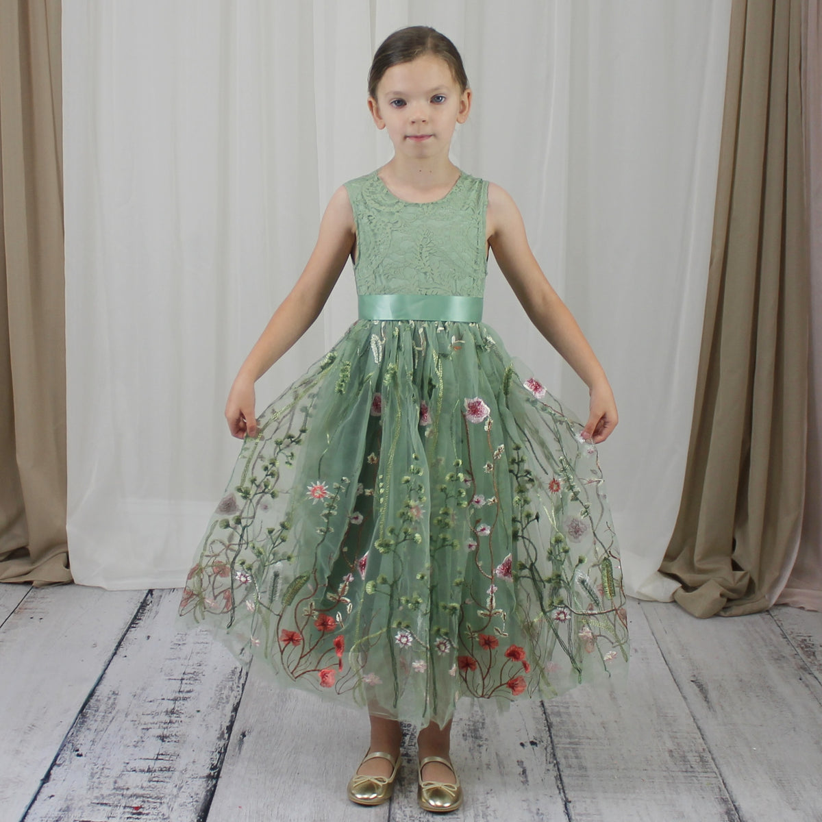 Floral flower girl dress in sage green lace and tulle. Full length dress that is sleeveless