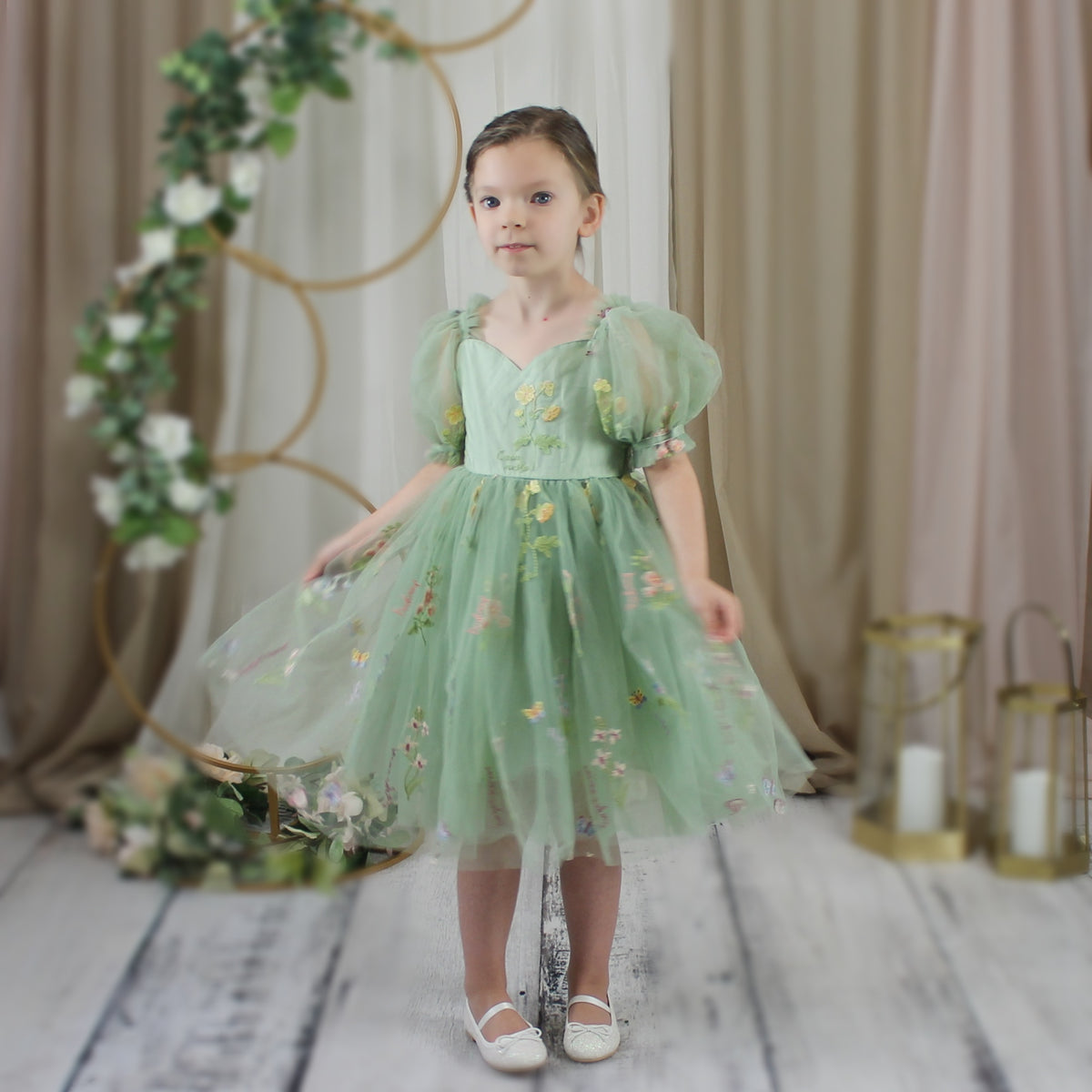 first birthday baby girl sage green floral romper dress. 