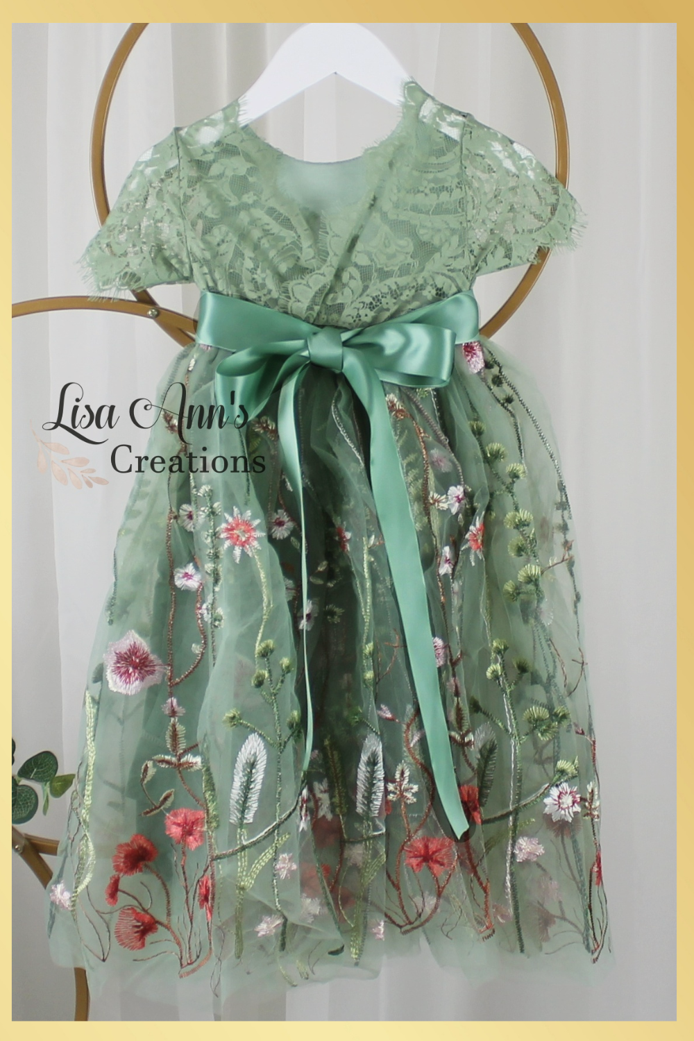 sage flower girl dress in floral lace and tulle