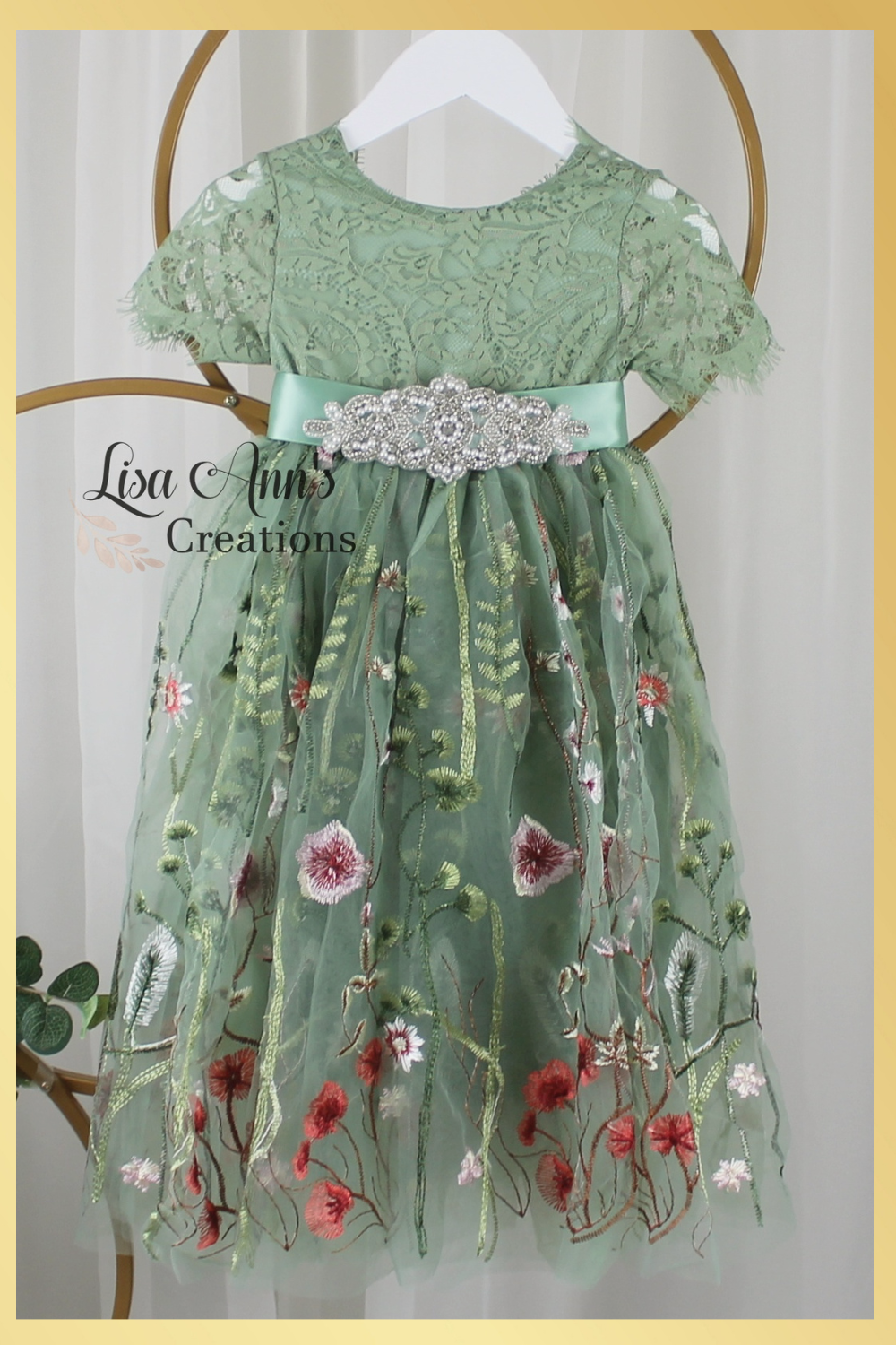 fall flower girl dress in sage floral tulle and lace
