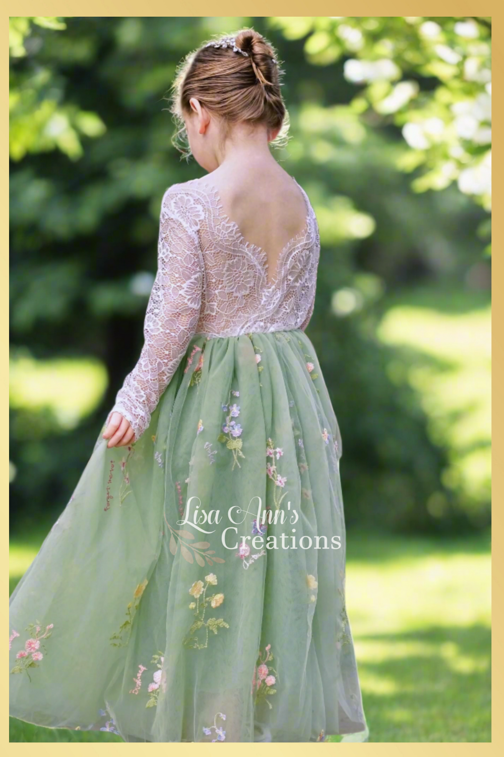 flower girl dress in sage green floral embroidered tulle with white lace long sleeves and full tulle style dress. 