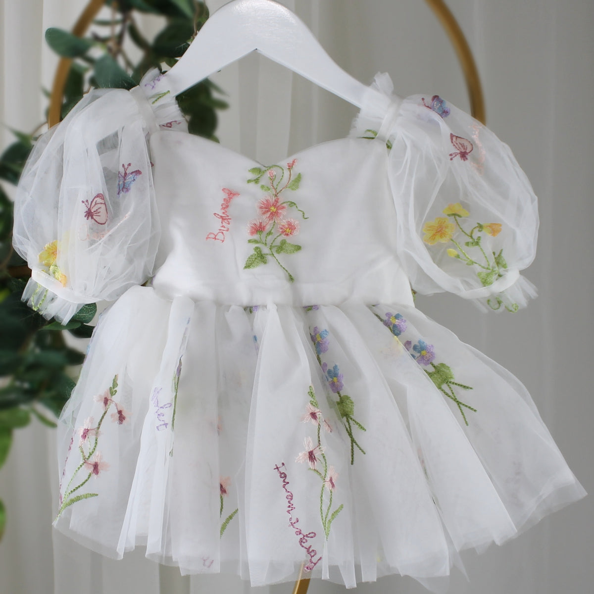White floral flower girl dress for spring and summer weddings or other special occasions like birthdays and holidays. 