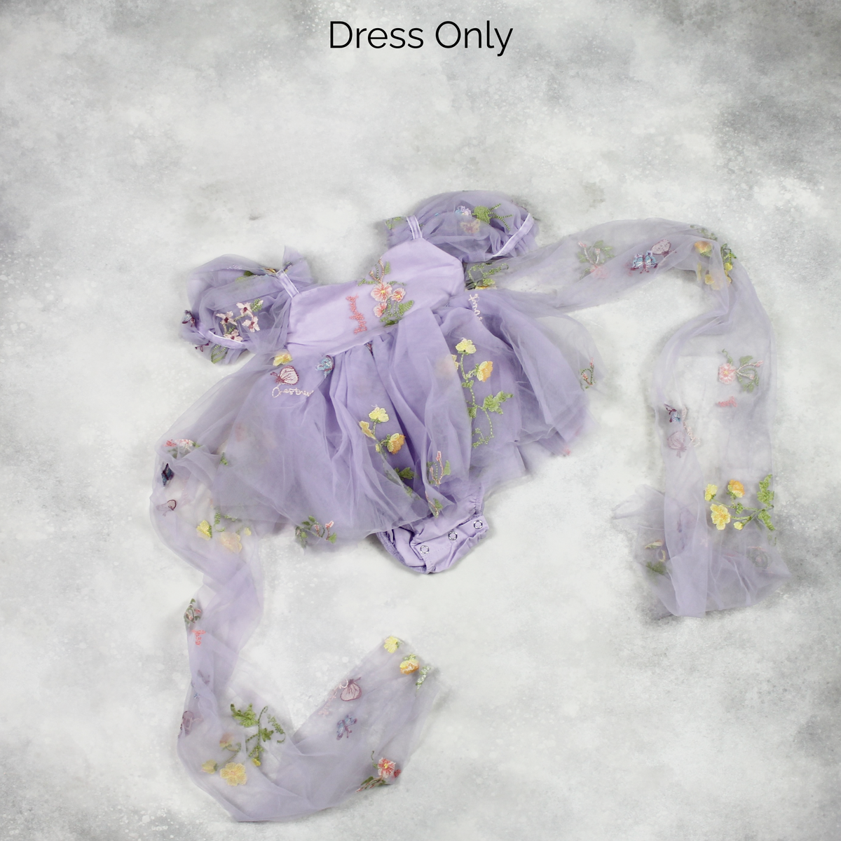 First birthday baby girl dress in lavender floral tulle with built in romper/bodysuit and puffy  short sleeves.