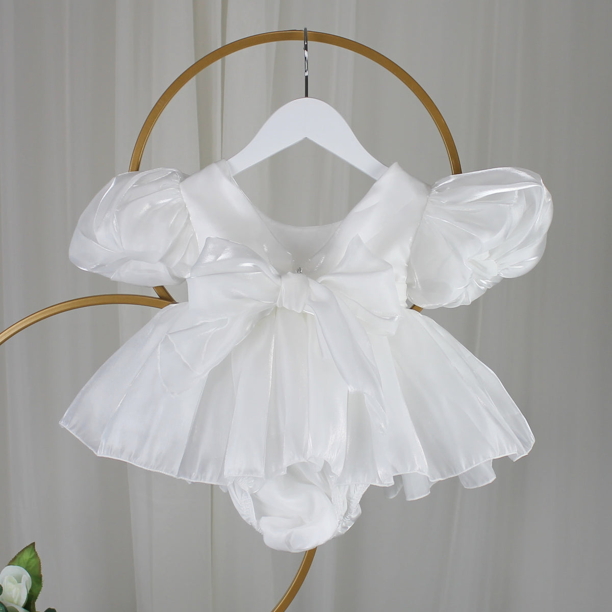 White baby girl dress with built in romper bodysuit