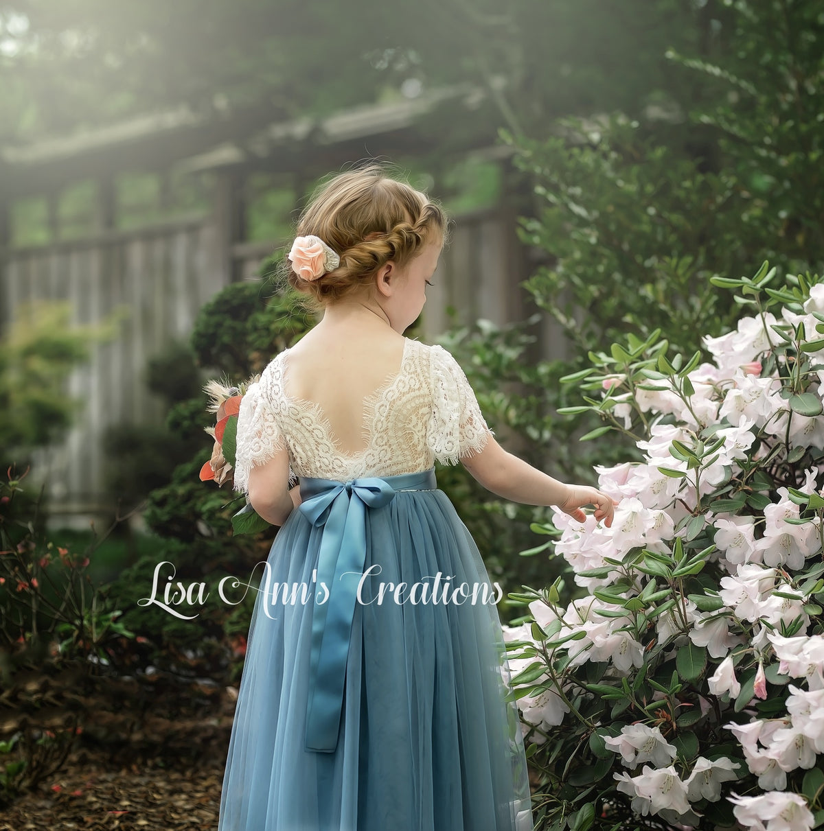 Dusty Blue Flower girl dress short sleeve tulle junior bridesmaid dress