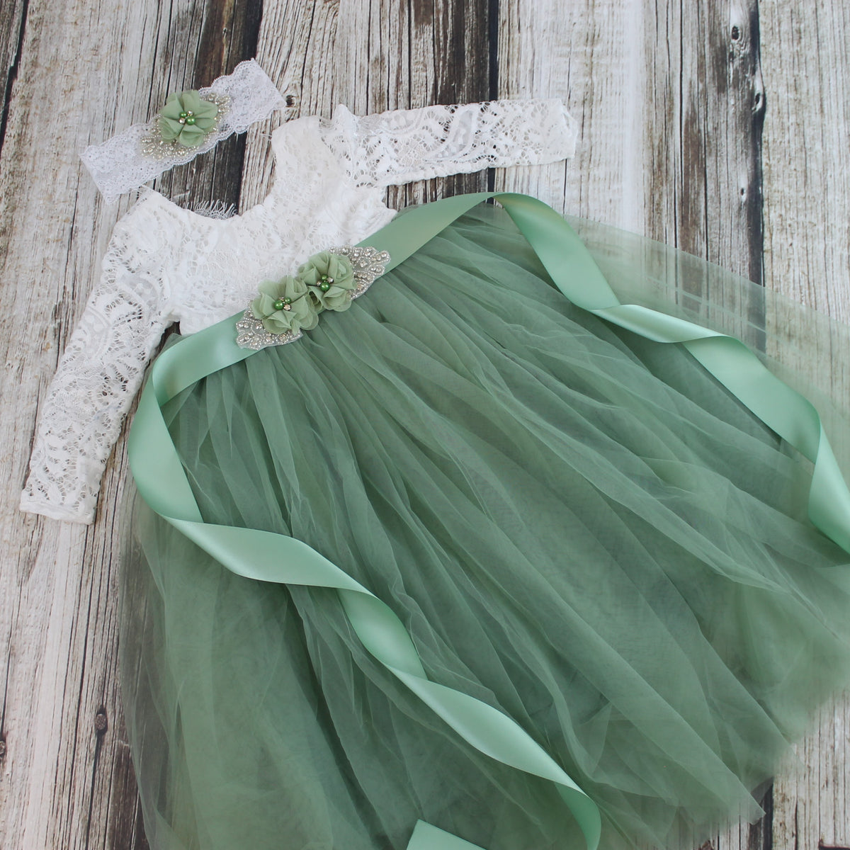 flower rhinestone sash and headband with sage tulle flower girl dress